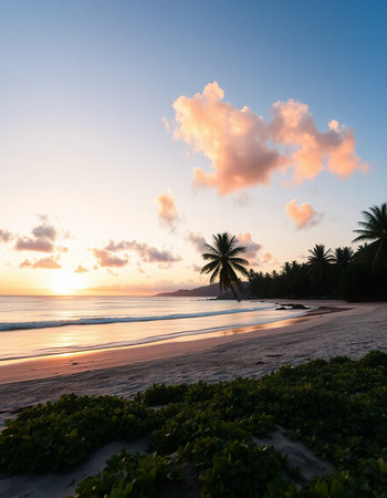 Tropical beach at sunset with palm trees and sunbeamsの写真素材