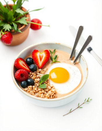 Breakfast with oatmeal, berries and egg on a white backgroundの写真素材