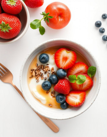 Healthy breakfast with yogurt, berries and granola on white backgroundの写真素材