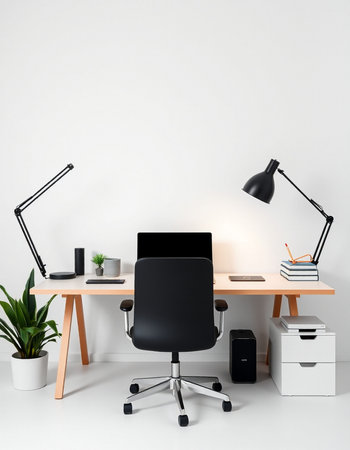 Interior of modern office with white walls, concrete floor, white computer table with black chair, desk lamp and plant. 3d renderの写真素材