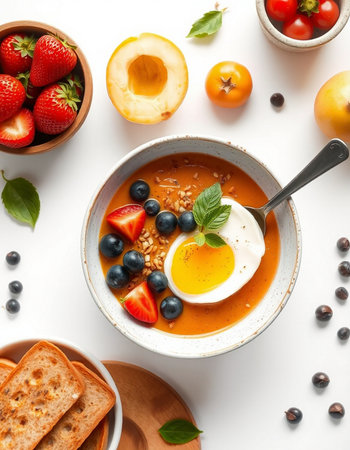 Healthy breakfast bowl with berries on white backgroundの写真素材