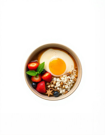 Oatmeal porridge with strawberries, blueberries, and mintの写真素材