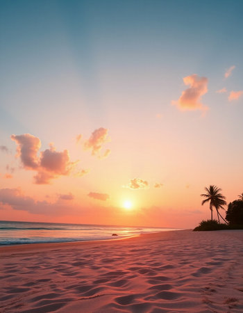 Beautiful tropical sunset on the beach with palm trees - Vintage Filterの写真素材