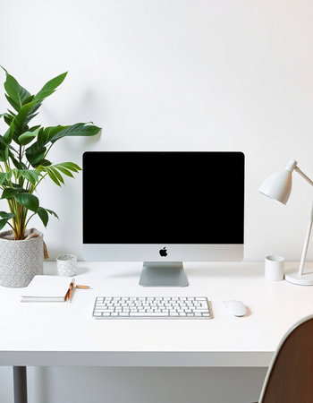 Modern workspace with blank computer monitor, keyboard, coffee cup and decorations. Mock upの写真素材