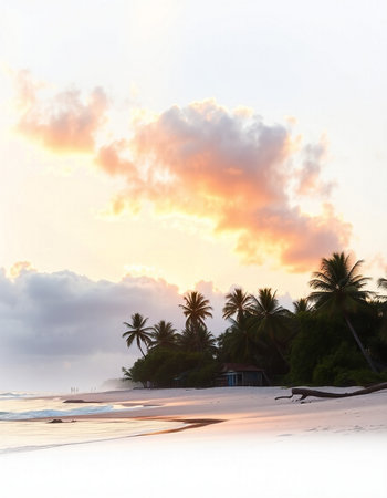 Tropical beach with coconut palm trees at sunset.の写真素材