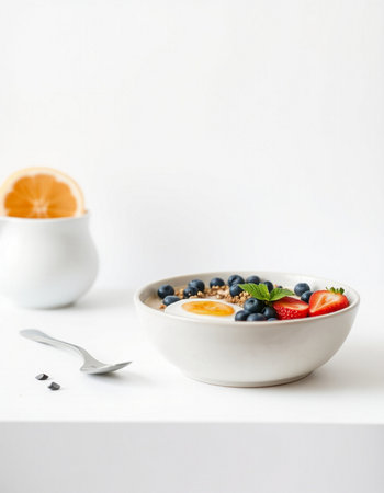 Healthy breakfast. Oat granola with blueberries, strawberries and honey on a white background.の写真素材