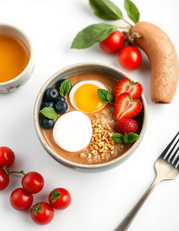 Bowl with tasty oatmeal, berries and eggs on white backgroundの写真素材
