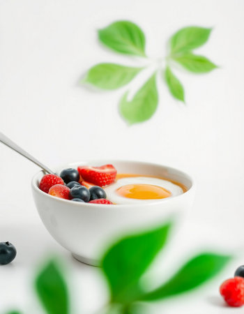 Yogurt with fresh berries and egg on white backgroundの写真素材