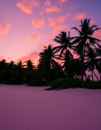 Beautiful sunset at the beach with coconut palm trees and purple skyの写真素材
