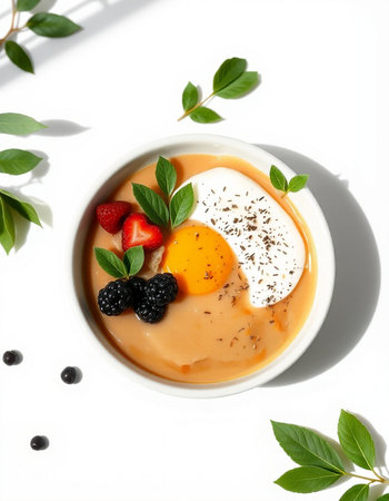 Creamy egg with berries in bowl on white background, top viewの写真素材