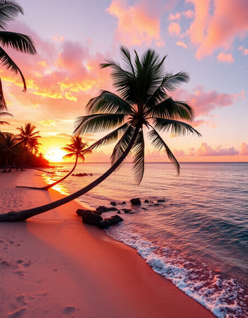 Palm tree on the beach at sunset. Beautiful tropical background.の写真素材