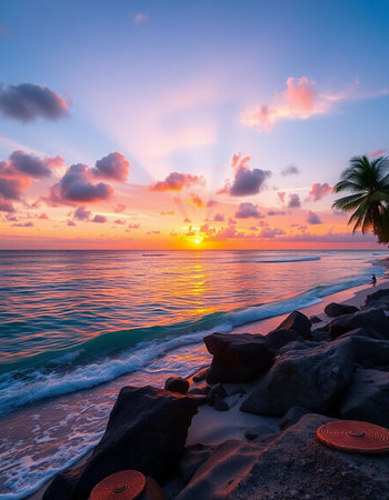 Beautiful sunset on the beach. Seascape with rocks and palm treesの写真素材