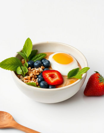 Healthy breakfast bowl with oatmeal, fresh berries and egg on white backgroundの写真素材