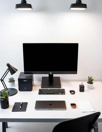 Modern workspace with blank screen computer monitor and other office supplies. 3D Renderingの写真素材