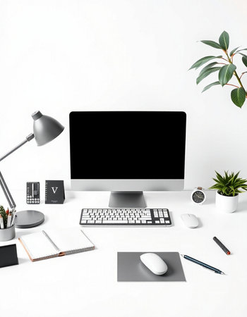 3D Rendering : illustration of modern workspace with computer, keyboard, mouse and other items on white backgroundの写真素材