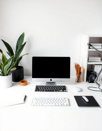 Modern workspace with blank computer screen, stationery and decorations. Mock upの写真素材