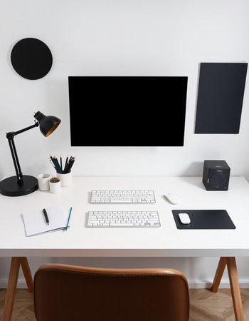 Interior of modern home office with white walls, wooden floor, white computer desk and black screen. 3d renderの写真素材
