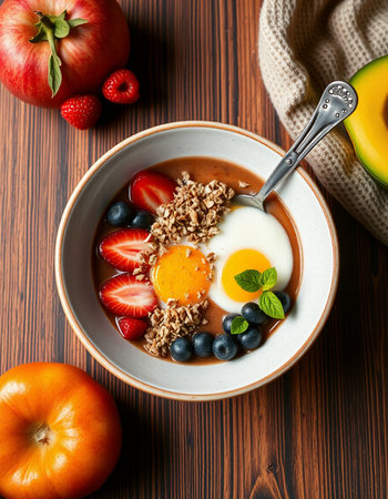 Healthy breakfast bowl with oatmeal, berries and egg on wooden tableの写真素材