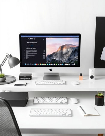 Modern designer desktop with computer, laptop and other items. 3D rendering.の写真素材