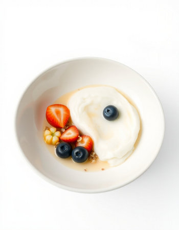 A bowl of yoghurt with fresh berries on a white backgroundの写真素材