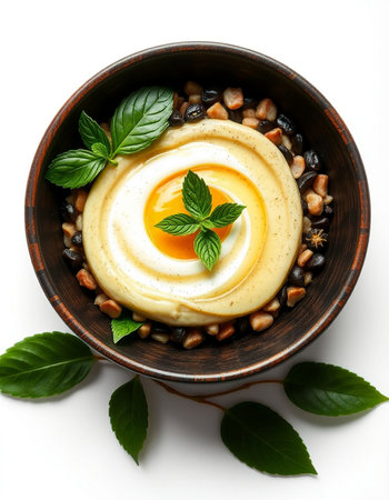 Ceramic bowl with hummus and beans, isolated on whiteの写真素材