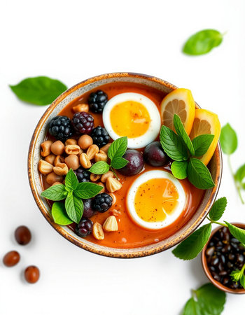 Tomato soup with quail eggs, blackberries, raspberries and nuts in a bowl on a white background.の写真素材