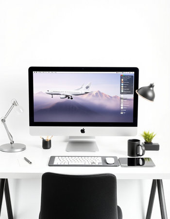Modern desktop with computer and other objects on white background. 3D rendering.の写真素材