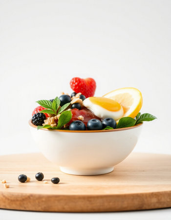 Healthy breakfast bowl with fresh berries and yogurt on white background.の写真素材