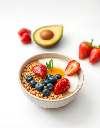 Healthy breakfast with oatmeal, berries and avocado on white backgroundの写真素材