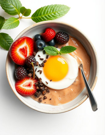 Bowl of oatmeal porridge with fresh berries and eggの写真素材