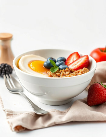 Healthy breakfast with muesli, egg and berries on white backgroundの写真素材