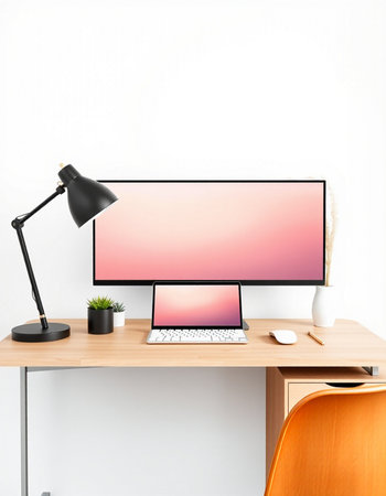Modern workspace with computer, lamp and decorations. 3D Renderingの写真素材