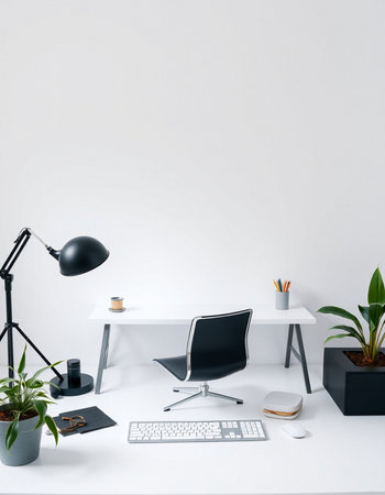 Workplace with computer, keyboard, coffee cup and plant on white tableの写真素材