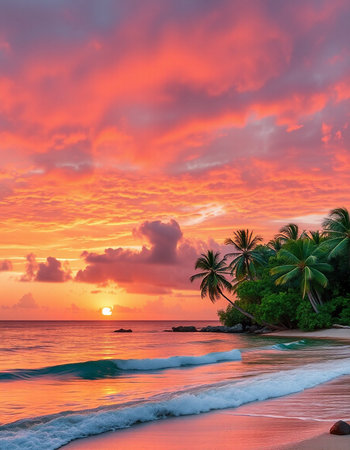 Beautiful sunset on the beach at Seychelles, Maheの写真素材