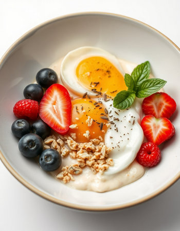 Healthy breakfast with yoghurt, eggs, berries and granolaの写真素材