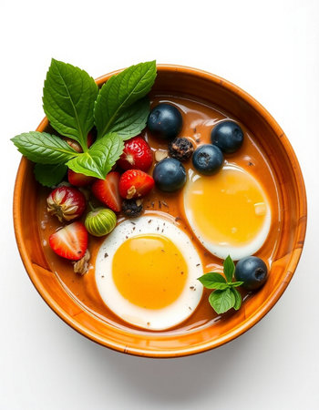 Soft-boiled eggs with fresh berries and mint in ceramic bowlの写真素材