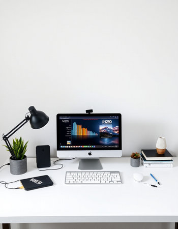 Modern work space with computer, mouse, keyboard and other objects.の写真素材