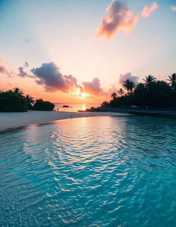 Beautiful sunset over a tropical beach with clear blue waters and white sand - A serene and picturesque scene of a paradise island during sunsetの写真素材