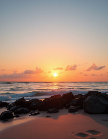 Beautiful sunset on the beach. Seascape at sunset.