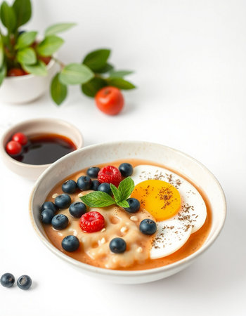 Bowl of oatmeal porridge with berries and egg on white backgroundの写真素材