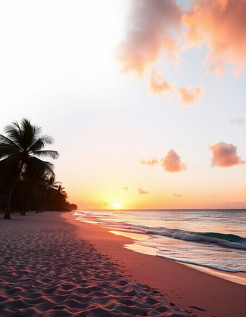 Tropical beach with coconut palm trees at sunset. Nature backgroundの写真素材