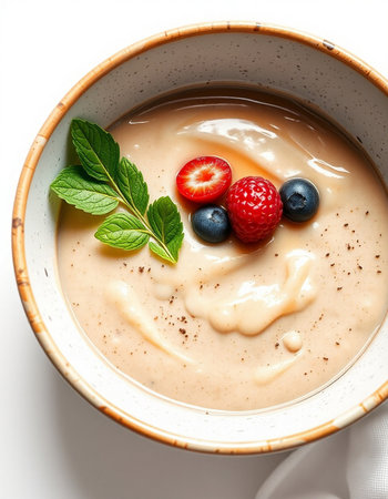 Creamy Mousse with Berries and Mint in a Bowlの写真素材