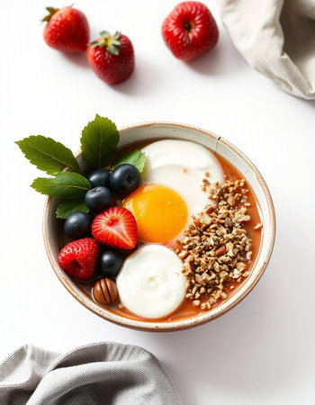 Breakfast bowl with oatmeal, strawberries, blueberries, granola and egg on white backgroundの写真素材