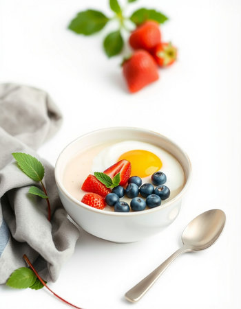 Healthy breakfast with yogurt, berries and egg on white background.の写真素材