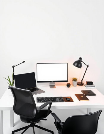 Modern workplace with blank screen computer, supplies and stationery on table. Mock up, 3D Renderingの写真素材