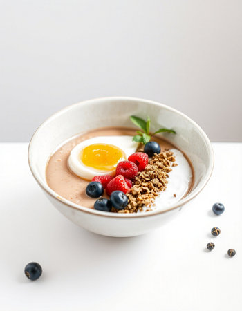 Healthy breakfast bowl with yogurt, granola and berries on white backgroundの写真素材