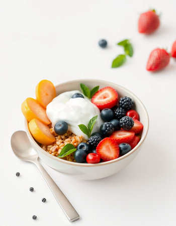Healthy breakfast with muesli, yogurt and fresh berries on white backgroundの写真素材