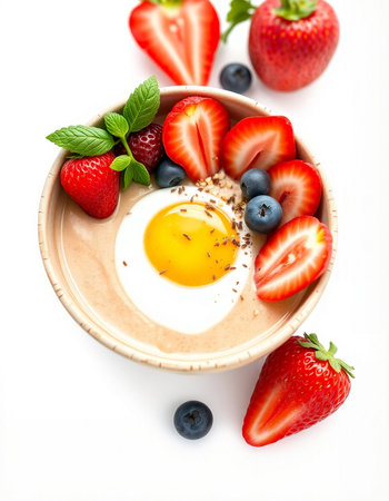 Fried egg with fresh strawberries, blueberries and mint on white backgroundの写真素材