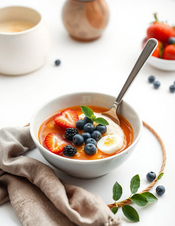 fresh berries in a bowl on a white backgroundの写真素材