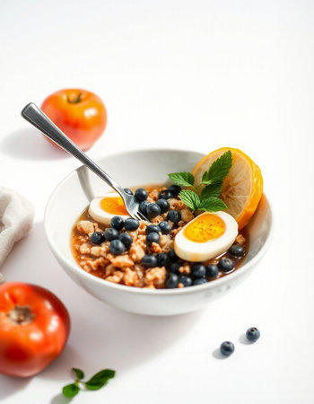 Bowl of oatmeal porridge with blueberries and egg on white backgroundの写真素材